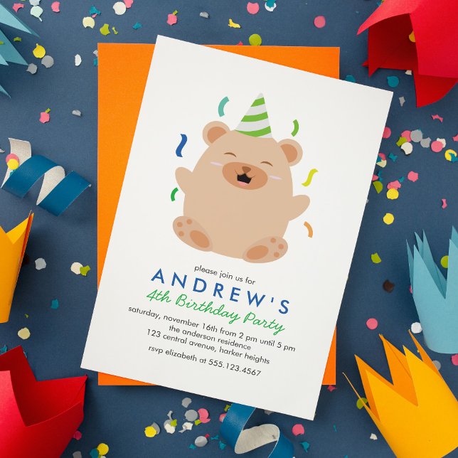 Happy Brown Bear Kids Birthday Party Invitation (Creator Uploaded)
