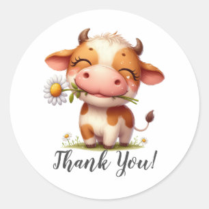 Happy Brown Cow with Flower Thank You Classic Round Sticker