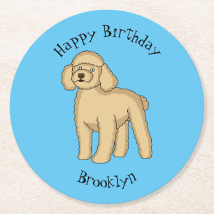 Happy brown poodle cartoon illustration round paper coaster
