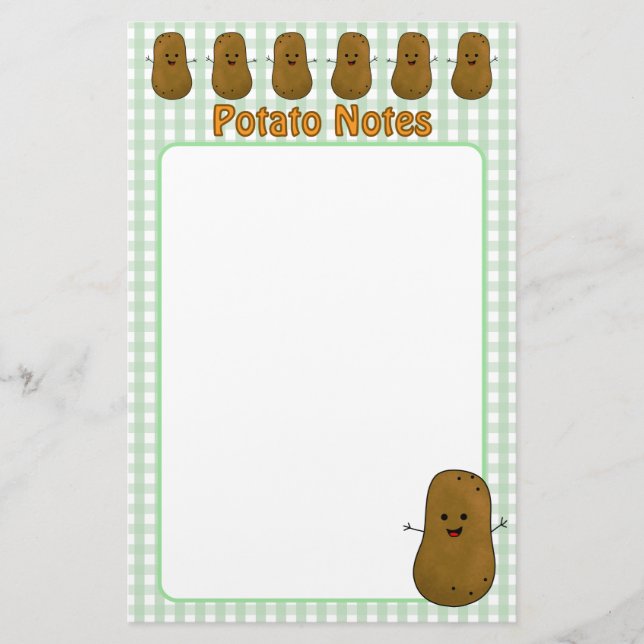 Happy Brown Potato Green Gingham Stationery (Front)