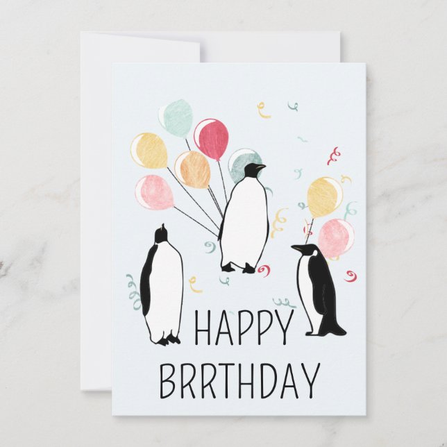 Happy BRRthday Penguin Winter Birthday Balloons    Card (Front)