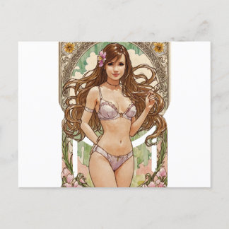 Happy Brunette V2 Mucha Style Art Holiday Postcard