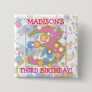 Happy Bubbles Number Three, Three Birthday 15 Cm Square Badge