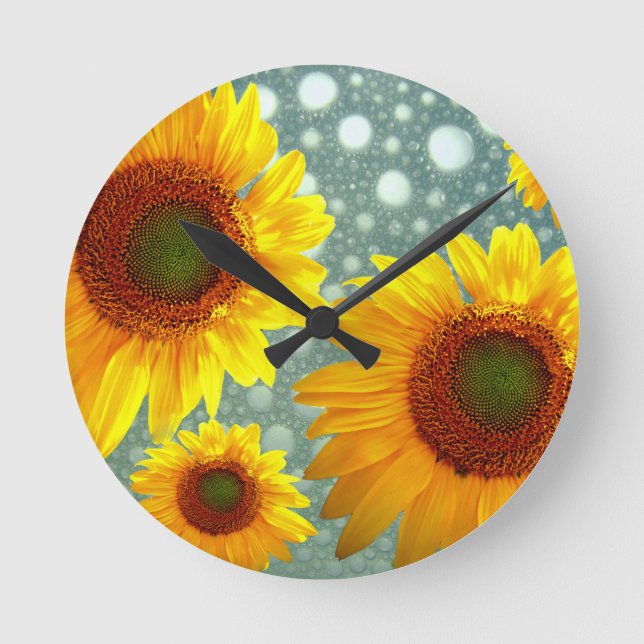 Happy Bubbly Sunflowers Round Clock (Front)