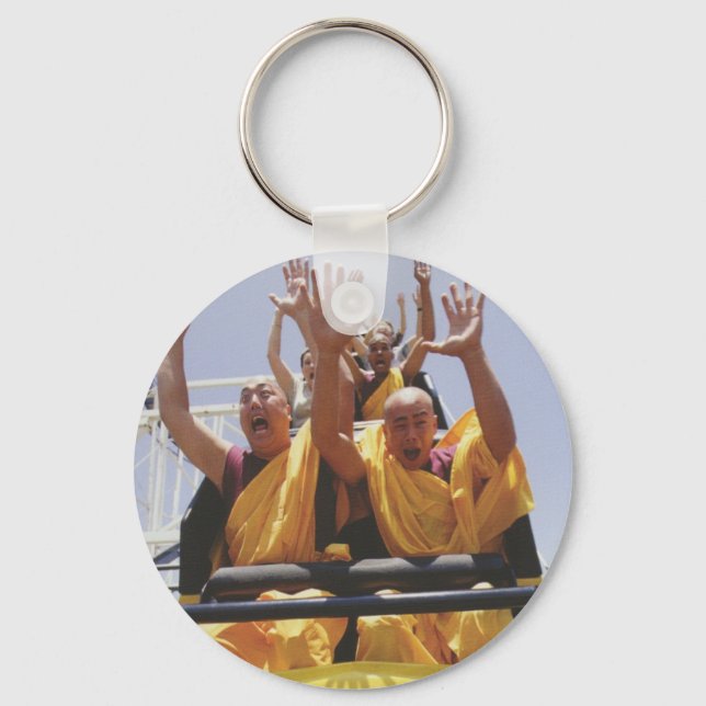 Happy buddhist monks on a roller coaster key ring (Front)