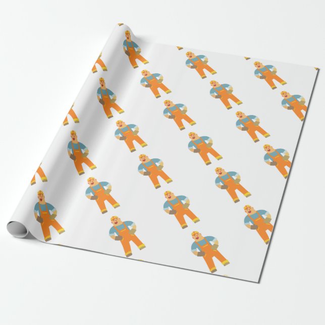 Happy Builder On Construction Site. Graphic Design Wrapping Paper (Unrolled)