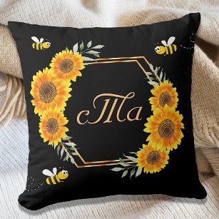 Happy bumble bees sunflowers black couple monogram cushion