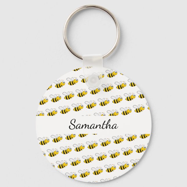 Happy bumble bees white monogram name key ring (Front)