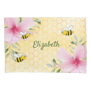 Happy bumble bees yellow honeycomb cute fun name pillowcase