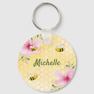 Happy bumble bees yellow honeycomb cute name key ring