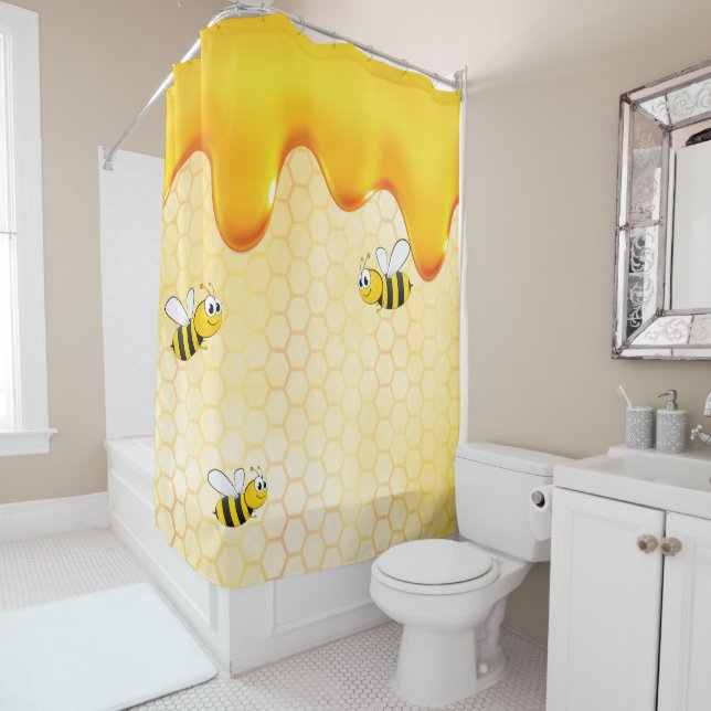 Happy bumble bees yellow honeycomb dripping honey shower curtain (In Situ)