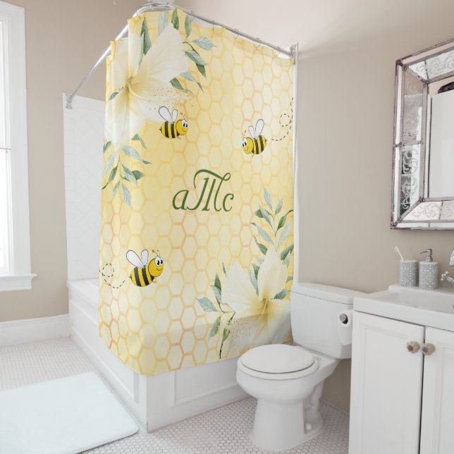 Happy bumble bees yellow honeycomb floral monogram shower curtain (In Situ)