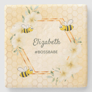 Happy bumble bees yellow honeycomb fun humour stone coaster