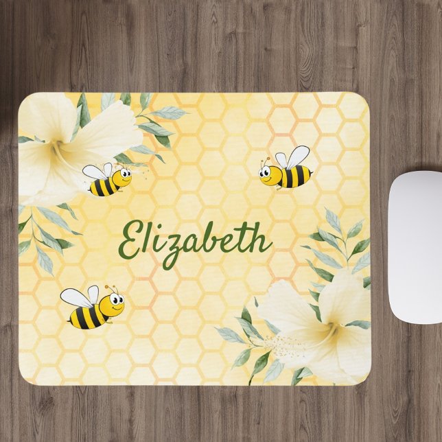 Happy bumble bees yellow honeycomb summer name mouse pad (Creator Uploaded)