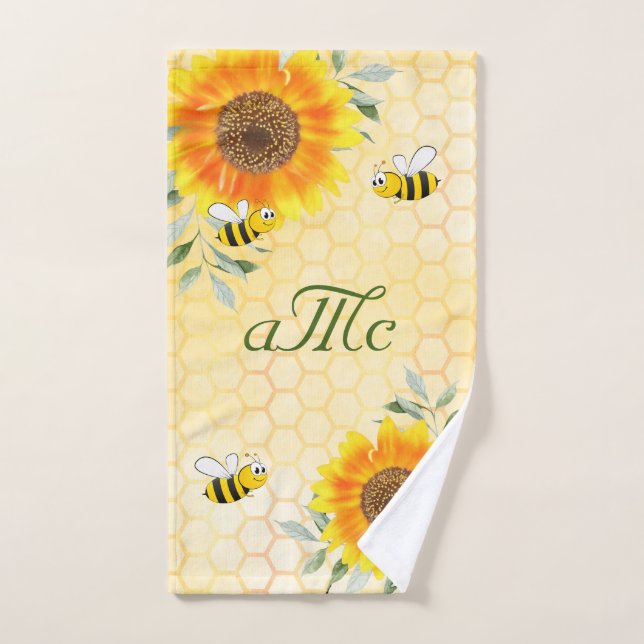 Happy bumble bees yellow sunflower couple monogram hand towel (Hand Towel)