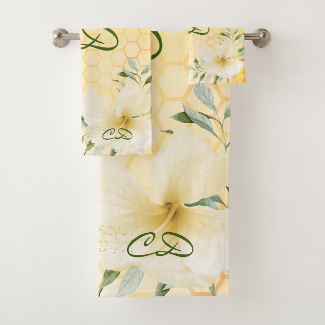 Happy bumble bees yellow sweet honeycomb monogram bath towel set (Insitu)
