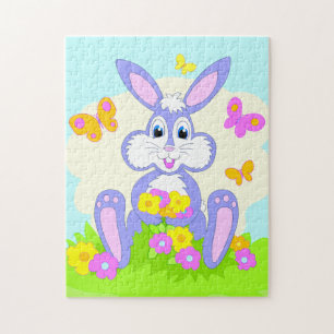 Happy Bunny Butterflies Flowers Cute Purple Rabbit Jigsaw Puzzle