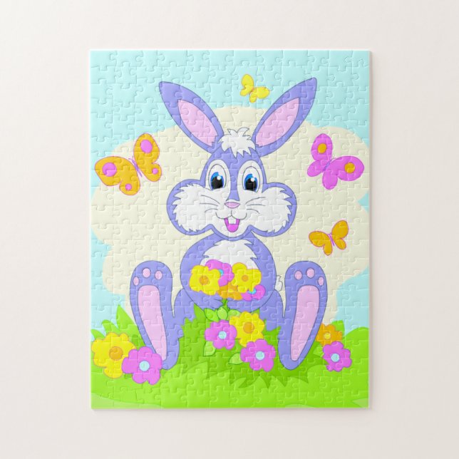 Happy Bunny Butterflies Flowers Cute Purple Rabbit Jigsaw Puzzle (Vertical)