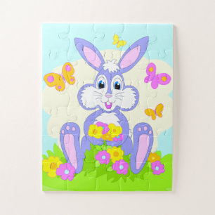 Happy Bunny Butterflies Flowers Cute Purple Rabbit Jigsaw Puzzle