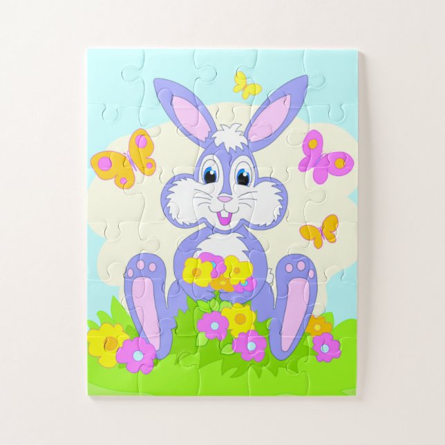 Happy Bunny Butterflies Flowers Cute Purple Rabbit Jigsaw Puzzle (Vertical)