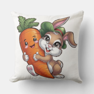 Happy bunny with a giant carrot cushion