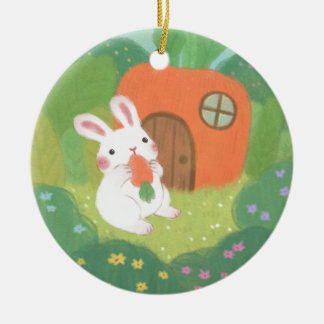 Happy Bunny with Carrot in Forest Ceramic Ornament