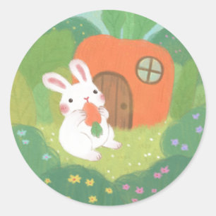 Happy Bunny with Carrot in Forest Classic Round Sticker