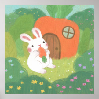 Happy Bunny with Carrot in Forest Poster