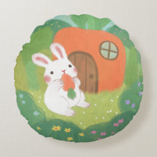 Happy Bunny with Carrot in Forest Round Cushion
