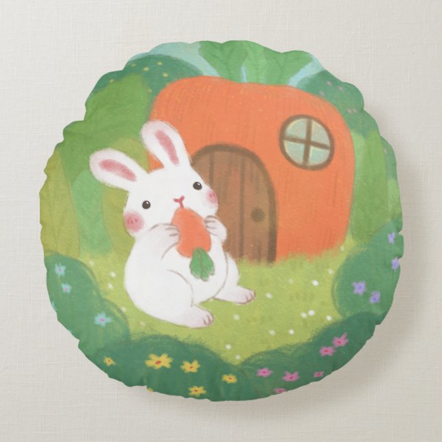 Happy Bunny with Carrot in Forest Round Cushion (Front)