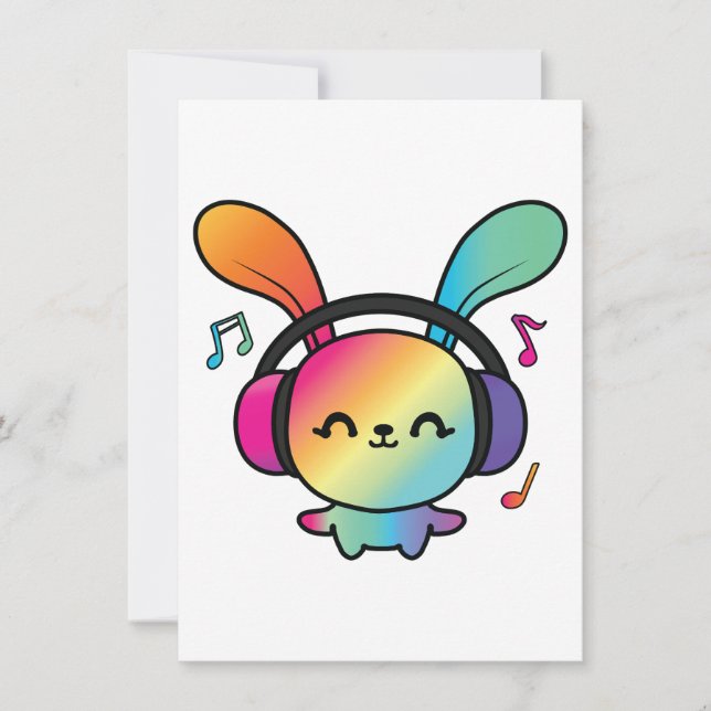 Happy Bunny with headphones listening to music.  Card (Front)
