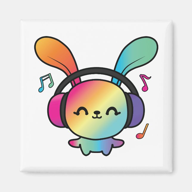 Happy Bunny with headphones listening to music.  Magnet (Front)