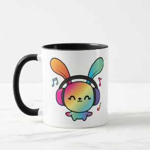 Happy Bunny with headphones listening to music.  Mug
