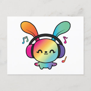 Happy Bunny with headphones listening to music. Postcard