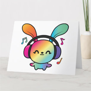 Happy Bunny with headphones listening to music.  Thank You Card