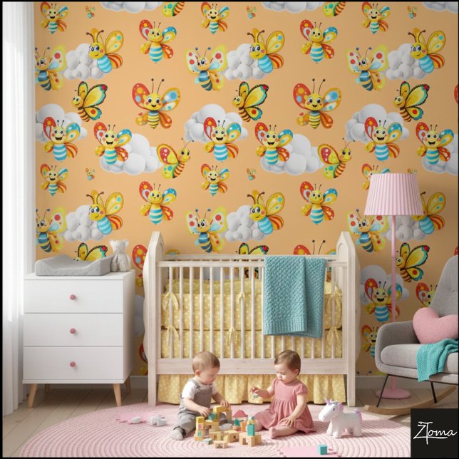 Happy Butterfly Cloud Sky Pattern - Peach Orange Wallpaper (Creator Uploaded)