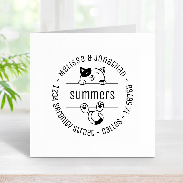 Happy Calico Cat Couple Family Round Address 2 Rubber Stamp (Creator Uploaded)