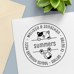 Happy Calico Cat Couple Family Round Address Self-inking Stamp