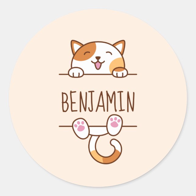 Happy Calico Cat Peeking behind Custom Name Classic Round Sticker (Front)