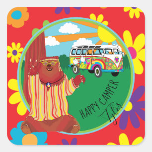 Happy Camper Bear Flower Stickers Square