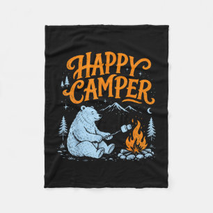 Happy camper bear roasting marshmallows design fleece blanket