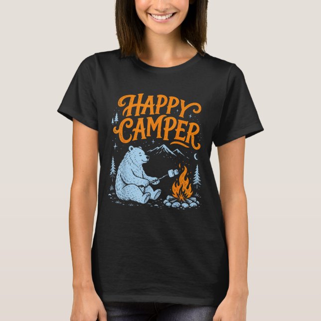 Happy camper bear roasting marshmallows design  T-Shirt (Front)