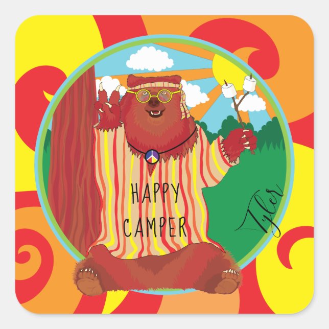 Happy Camper Bear Stickers Square (Front)