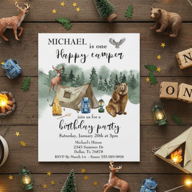Happy Camper Birthday Forest Bear Invitation (Creator Uploaded)