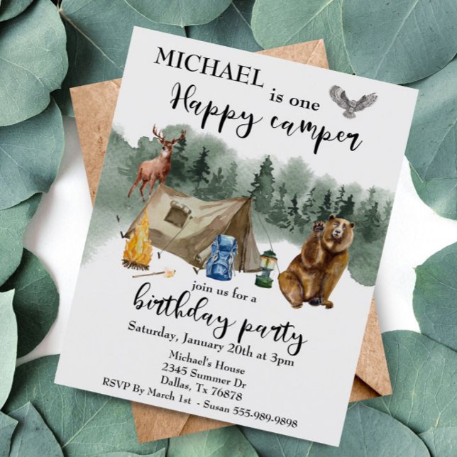Happy Camper Birthday Forest Bear Invitation (Creator Uploaded)