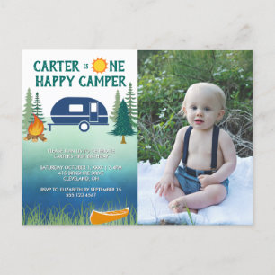 Happy Camper Boys First Birthday Photo Invitation  Postcard
