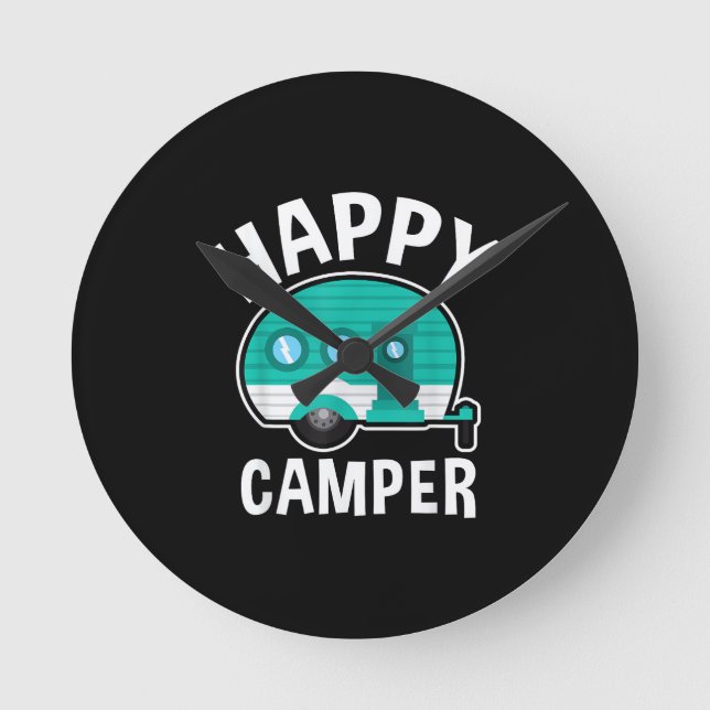 Happy Camper Camping Car Caravan Funny Vacation Round Clock (Front)