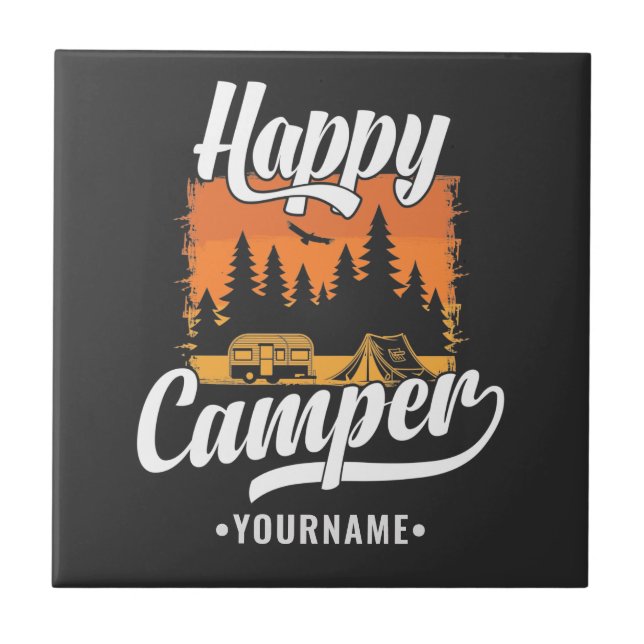 Happy Camper Camping Hiking Travel Caravan Life Ceramic Tile (Front)