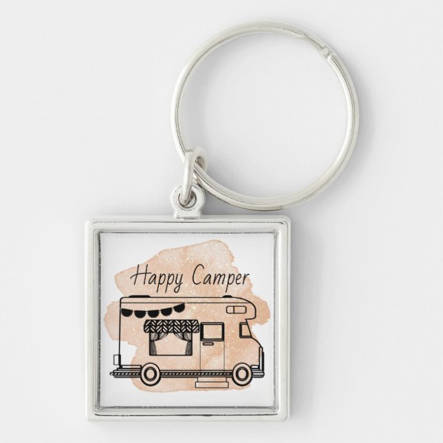 Happy camper caravan trailer boho terracotta key ring (Front)