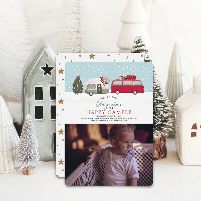 Happy Camper Christmas Blue 1st Birthday Photo Invitation (Creator Uploaded)